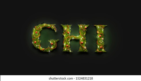 Decorative G H I Letters, Christmas Font Mock Up In Darkness, 3d Rendering. Empty Luminous Creative Element Mockup. Decor Word With Adornment Candy Stick And Bal Template.