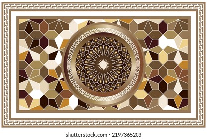 Decorative Geometric Pattern In Brown Ornate Frame. Image For Stretch Ceiling Decoration, Wallpaper And Design Element