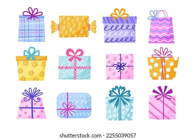 Decorative gift boxes. Colourful patterned present packaging, doodle style greeting surprises, holiday elements, birthday party, vector set