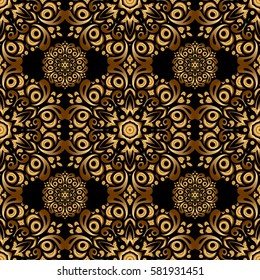 Decorative golden elements with black backdrop. Vintage seamless pattern for decoration, fabric or textile.