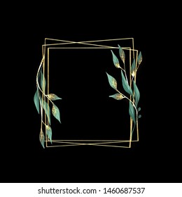 Decorative Golden Frame. Floral Wreath With Green Leaves . Isolated On Black