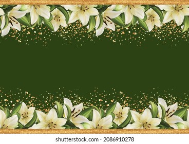 Decorative Green Foral Border. Lily Flowers Seamless Pattern.