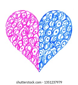 Decorative heart and abstract pink   blue pattern white background  two colored halves one heart
