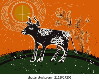 Decorative Image Of A Cow On An Orange Background, With The Sun Ukrainian Folklore