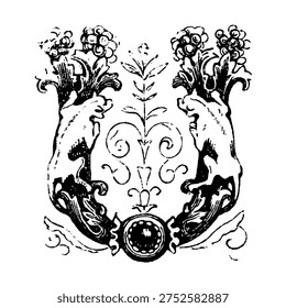 A decorative initial letter U formed by two mirrored floral creatures connected by swirling vines and central circular motif, showing 19th century fantastical alphabet design and symmetrical ornamental aesthetics, old vintage illustration, 1845