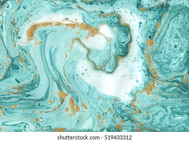 Decorative marble texture. Abstract painting, can be used as a trendy background for wallpapers, posters, cards, invitations, websites. Turquoise and golden paints on a white paper. Unusual design.
