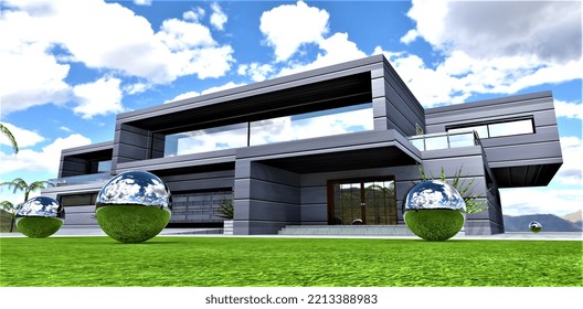 Decorative Metal Balls On The Lawn In Front Of A Futuristic Country House. Porch With Wooden Swing Doors. Can Be Used For Publications About Futuristic Real Estate. 3d Rendering.