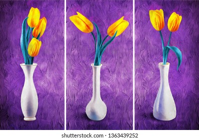 decorative modern abstract oil painting vase of flowers. Collection of designer oil paintings. Decoration for the interior.  abstract art on canvas. set of paintings. violet background - illustration 