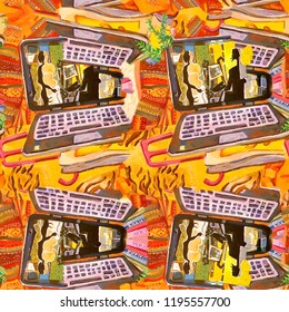 Decorative orange pattern. Interweaving boho and ethnic patterns. laptop. Oil painting. Seamless