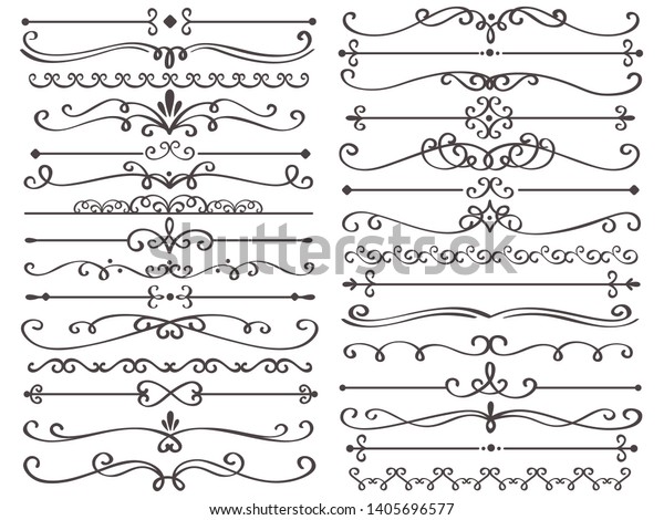 装飾的なページ区切り ビンテージデコールライン 豪華なウエディングフレームライン 華やかな渦巻きのディバイダ 飾り枠と枠線は 花 柄のページの区切り線を描きます カリグラフィアイコンセット のイラスト素材