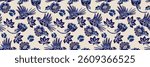Decorative pattern featuring stylized macaws and tropical flowers in indigo blue tones over a light beige background. The design evokes a handcrafted aesthetic and traditional porcelain painting style