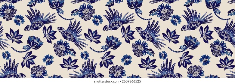 Decorative pattern featuring stylized macaws and tropical flowers in indigo blue tones over a light beige background. The design evokes a handcrafted aesthetic and traditional porcelain painting style