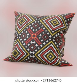 a decorative pillow with a geometric pattern in red, yellow, and white on a black background for home decor