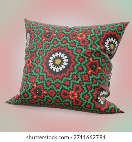 a decorative pillow with a geometric pattern in red, green, and black, perfect for home decor and comfort