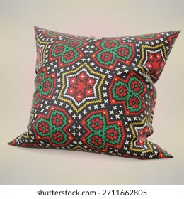 a decorative pillow with a geometric pattern in red, green, yellow and white on a black background.
