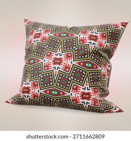 a decorative pillow with a geometric pattern in red, green, black, and yellow, perfect for home decor.