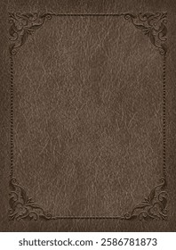 Decorative rectangular framework on dark leather background. Letter proportions. Album cover. 