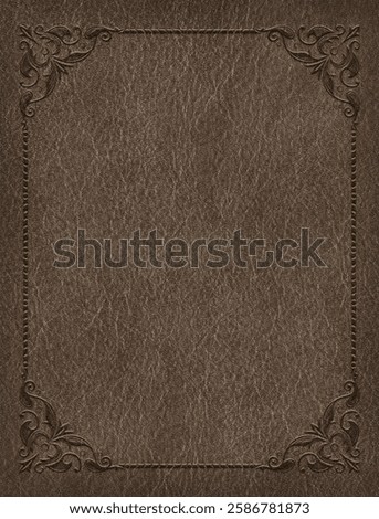 Decorative rectangular framework on dark leather background. Letter proportions. Album cover. 