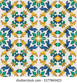 Decorative seamless pattern with sicilian ornament. Colorful ceramic tiles in floral traditional style of Palermo.  endless texture for digital paper, fabric, backdrop or wrapping