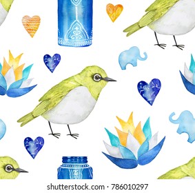 Decorative seamless pattern with small oriental white eye bird, lotus flower, elephant and heart shapes, fragrance bottle, various objects. Hand drawn water color isolated drawing on white background.