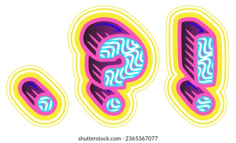 A decorative set of 3 punctuation marks (period, question mark and exclamation mark) in a retrowave style with blue, pink, and yellow accents.