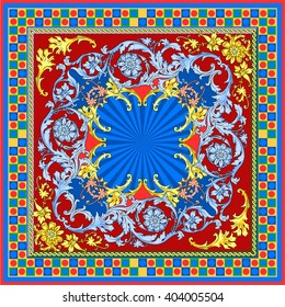 Marco cuadrado decorativo de estilo oriental. Mostrador de estilo barroco color amarillo azul y rojo Primavera inspiración de verano Dolce Gabbana