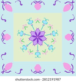 A decorative square graphic showcasing a central lilac mandala with teal petals and pink ribbon bows, enclosed in a pale yellow frame. The outer border features symmetrical pink flower buds and curved purple ribbons on a soft blue background