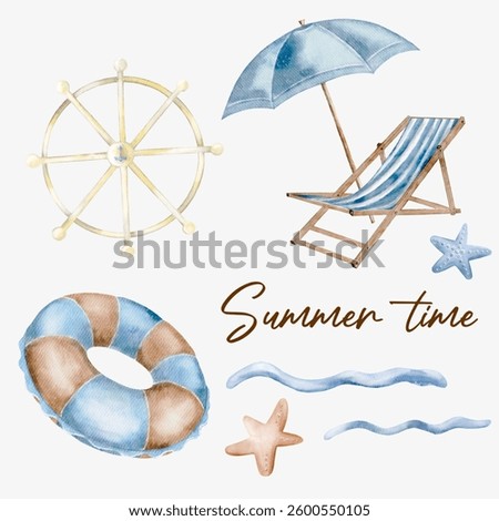 Decorative summer themed elements include a lounger, umbrella, and colorful inflatable toys to enhance any beach vibe.