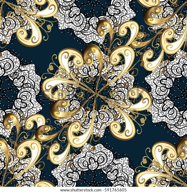 装飾的な対称唐草 青の背景に金 シームレスな模様の中世の花柄のロイヤル柄 誕生日 招待状 バナーのグリーティングカードに最適 のイラスト素材