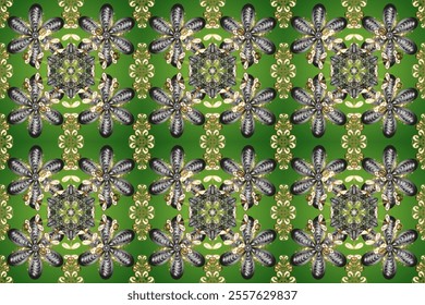 Decorative symmetry arabesque. Good for greeting card for birthday, invitation or banner. Gold on green, gray and neutral colors. Seamless medieval floral royal pattern. Raster illustration. - Powered by Shutterstock