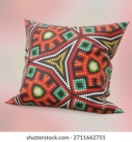 a decorative throw pillow with a geometric pattern in red green white and gold adds a stylish touch to any room
