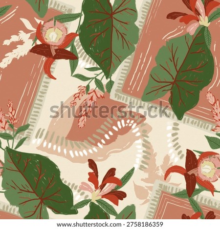 Decorative tropical seamless pattern featuring framed coastal illustrations, palm tree flowers and summer beach scenes. Bright Mediterranean color palette with retro ornamental frames creates a stylish vacation mood. Perfect for textile, wallpaper, wrapping paper, home decor, packaging and resort branding. Vector repeat design.