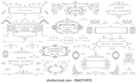 Decorative vintage set of thin calligraphic elements: borders, frames, dividers, ornaments, page decoration. Combinations for retro design, greeting cards, certificates and invitations. - Powered by Shutterstock