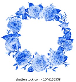 Decorative vintage watercolor blue english roses, Nature round wreath with flowers, leaf and buds, botanical floral illustration isolated on white background