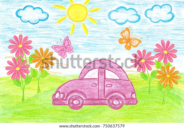 Decorative wallpaper. Purple toy car, flowers and\
butterflies in the field. Self-drawn colored pencils picture.\
Colorful  illustration\
