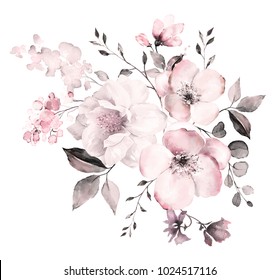 decorative watercolor flowers. floral illustration, Leaf and buds. Botanic composition for wedding or greeting card.  branch of flowers - abstraction roses, romantic