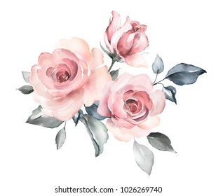 decorative watercolor flowers. floral illustration, Leaf and buds. Botanic composition for wedding or greeting card.  branch of flowers - abstraction roses, romantic