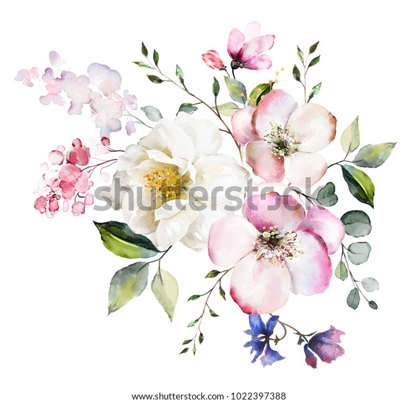 装飾的な水彩の花 花柄のイラスト 葉と芽 結婚式用のボタニック組成物またはグリーティングカード 花の枝 抽象的なバラ ロマンチック のイラスト素材