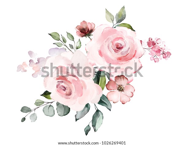 装飾的な水彩の花 花柄のイラスト 葉と芽 結婚式用のボタニック組成物またはグリーティングカード 花の枝 抽象的なバラ ロマンチック のイラスト素材
