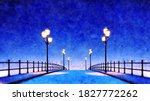 Decorative watercolor landscape with empty bridge and pavement walkway lit by street lights against city skyline background at calm winter night. Digital art painting from my own 3D rendering file.