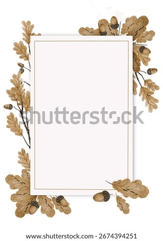 Decorative watercolor text frame surrounded by oak branches with leaves and acorns on a white background