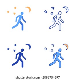 Decreased Need For Sleep Icon Set In Flat And Line Style. Man Running At Night.