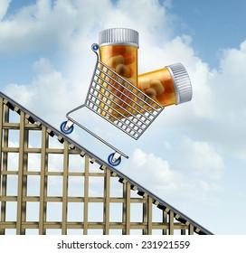 Decreasing Healthcare Costs And Lower Medicine Prices Health Care Concept As A Shopping Cart With Prescription Drug Bottles Going Downward On A Track As A Metaphor For Affordable Medical Insurance.