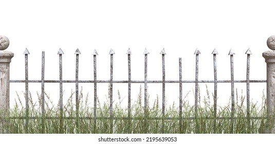 Decrepit Old Spooky Fence With Grass, Isolated On White. Fence Of Graveyard Or Old Castle. 3D Image