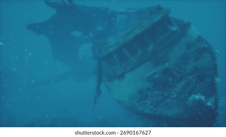 Deep beneath the waves, a sunken ship rests quietly on the ocean floor, covered in marine life and corals. The eerie scene invites exploration and curiosity about its forgotten history.