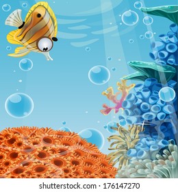 Deep blue sea with coral reefs and sea anemones. Banner for your text