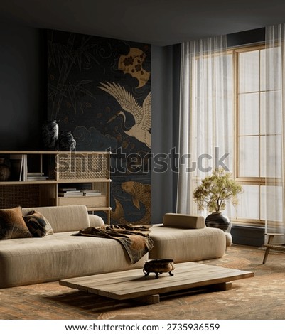Deep, cinematic japandi interior featuring warm textures, atmospheric shadows and refined materials. A calm but dramatic visual balance enhances the elegant mood. 3D illustration
