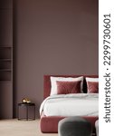 Deep dark master bedroom with big burgundy red bed. Mix colors - maroon, black, grey and mauve. Empty painted accent wall. Luxury room design home or hotel. 3d rendering 