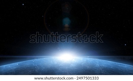 Deep dark space with with 3d planet, lens flare and stars illustration background.	