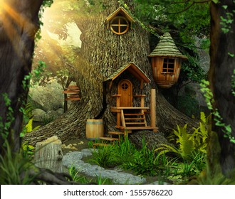 Deep in a distant, hidden, mysterious forest sits an enchanting fairy tree home inside an old white oak,  shrouded in mystery and magic, 3d render